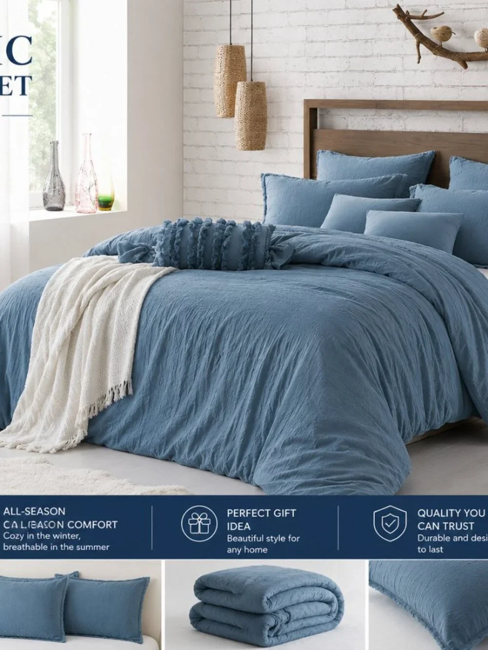 Swift Home Ultra-Soft Prewashed Wrinkle Texture Duvet Cover Set, Solid, Blue Dus